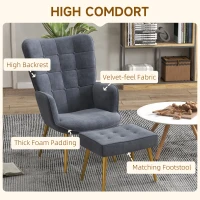 HOMCOM Modern Armchair with Footstool, Upholstered Accent Chair with Ottoman, Steel Legs, Velvet Wingback Chair for Living Room, Bedroom, Home Study, Dark Grey(m-4)