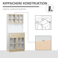 HOMCOM Küchenschrank Hochschrank Küchenbuffet mit Glastüren Geschirrschrank Esszimmerschrank mit 2 Schubladen und 2 Schränken Weiß+Natur 80 x 40 x 180 cm(m-7)