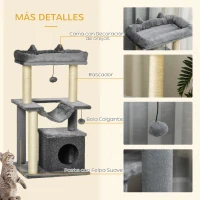 PawHut Árbol para Gatos Altura 90 cm de 3 Niveles con Nido Plataforma Bolas Colgantes y Poste de Sisal 48x48x90 cm Gris(m-7)