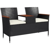 Outsunny Two-Seat Rattan Loveseat, with Wood-Top Middle Table - Black(m-1)
