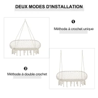 Outsunny Chaise Suspendue Banc Suspendu dim. 130L x 75l x 35H m macramé Coton Polyester Beige(m-7)