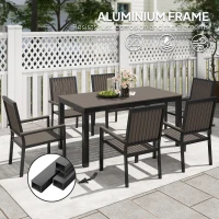 Outsunny 6 Seater Garden Dining Set with Stackable Chairs, Aluminium Frame, Rectangular Plastic Top, Garden Furniture Set, Outdoor Dining Table and Chairs for Patio, Balcony, Poolside, Brown(m-4)