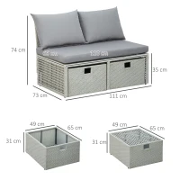 Outsunny Set Mobili da Giardino con Divano 2 Posti, Contenitore e Pouf in Rattan PE Salvaspazio con Cuscini, Grigio(m-3)