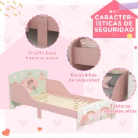ZONEKIZ Cama para Niños 143x77x60 cm Cama Infantil de 3-6 Años con Barreras de Protección y Estampados Carga Máx. 40 kg Rosa(m-5)