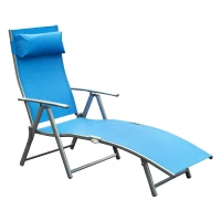 Outsunny Sun Lounger Steel Frame Outdoor Folding Chaise Texteline Lounge Chair Recliner with Headrest & 7 Levels Adjustable Backrest, Blue(m-1)