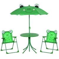 Outsunny Set de Mesa y Sillas Infantil de Jardín Conjunto de Picnic Plegable para Niños Juego de Mesa con Sombrilla Ajustable en Altura de 100-125 cm Diseño de Rana Verde(m-1)