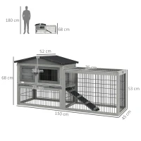 PawHut Clapier de sol cage à lapin cottage niche supérieure avec rampe enclos extérieur 150 x 52 x 68 cm gris(m-3)