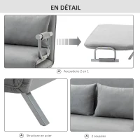 HOMCOM Canapé-lit 2 places, fauteuil convertible avec dossier réglable en 5 positions, chaise longue avec 2 coussins inclus, canapé en revêtement aspect suède déhoussable, 111x80x78cm, gris clair(m-5)