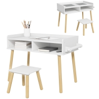 HOMCOM  Set Tavolino per Bambini con Sgabello, Banchetto con Piano Reversibile e Rotolo di Carta, Bianco