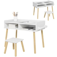 HOMCOM  Set Tavolino per Bambini con Sgabello, Banchetto con Piano Reversibile e Rotolo di Carta, Bianco(m-1)