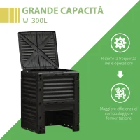 Outsunny Compostiera da Giardino, Compostiera Domestica da 300L in Plastica Nera, Bidone per Compost con Coperchio a Incastro(m-7)