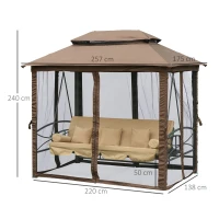 Outsunny Dondolo 3 Posti da Giardino Convertibile in Lettino con Gazebo, con Zanzariera e Cuscini, 257x175x240cm Cachi(m-3)