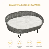 PawHut Cama para Perros Gatos de Mimbre Cesta Ratán para Mascotas Medianas Pequeñas con Cojín Lavable y Patas Elevadas de Acero 76x59x32 cm Gris y Blanco(m-4)