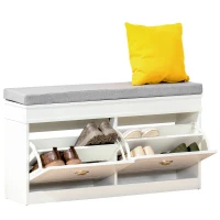 HOMCOM Schuhregal, Schuhbank mit Kissen und 2 Kipper, Schuhkipper, Schuhtruhe, MDF, Polyester, Schaumstoff, Weiß+Grau, 104 x 24 x 55 cm(m-10)