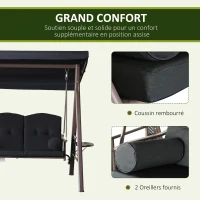 Outsunny Balancelle de Jardin 3 Places Grand Confort Toit Inclinaison réglable Coussins Plateaux rétractables Polyester filé Noir(m-6)