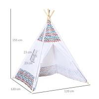 HOMCOM Tente Teepee Indien Tente de jeu pour enfant tipi enfant interieur Style Graphique - dim. 1,2L x 1,2I x 1,55H m Porte refermable fenêtre Polyester Coton Intérieur Extérieur Blanc Multicolore(m-3)