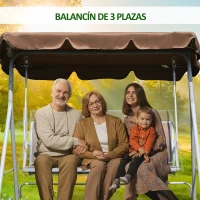Outsunny Balancín Jardín Exterior Columpio Exterior de 3 Plazas con Toldo Ajustable Respaldo Transpirable y Marco de Metal para Terraza Balcón Carga 240 kg 171x108x154 cm Marrón(m-4)