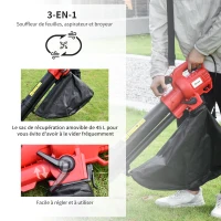 Outsunny Souffleur aspirateur broyeur à Feuilles 3000 W - Sac ramassage 45 L - roulettes & bandoulière - PP Rouge Noir(m-6)