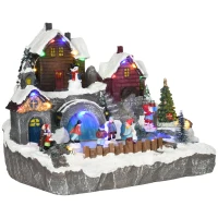 HOMCOM Weihnachtsdekoration Weihnachtsdorf, 21 bunte LEDs, bewegliche Tanne und Schlittschuhläufer, 32 x 25,5 x 24 cm(m-10)
