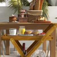 Outsunny Desserte de jardin chariot pour barbecue en bois avec 2 plateaux, 3 casiers à bouteilles et 2 roues bois naturel(m-8)
