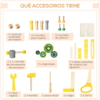 HOMCOM Banco de Herramientas de Madera para 3-6 Años con 27 Accesorios y Herramientas de Juguete 55,3x30x78cm Multicolor(m-6)