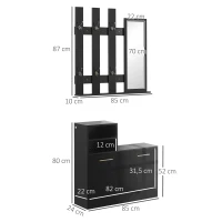 HOMCOM Recibidor con Espejo Perchero y Zapatero Muebles de Entrada con 6 Ganchos y Estantes para 8 Pares de Zapatos Negro(m-3)