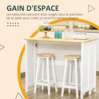 HOMCOM Desserte îlot de cuisine avec 2 tabourets plan de travail rabattable 2 placards avec 4 portes design moderne blanc(m-7)