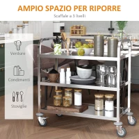 HOMCOM Carrello da Cucina 3 Ripiani Aperti 4 Ruote Omnidirezionali con 2 Freni Cuscinetti Anti-Collisione in Acciaio Inossidabile 430 Argento 90.5x50.5x88.2cm(m-4)