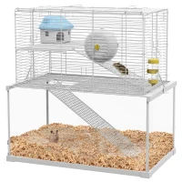 PawHut Gerbil Cage, Dwarf Hamster Cage w/ Deep Glass Bottom, Ramps, Platforms, Hut, Exercise Wheels, Water Bottle - White(m-1)