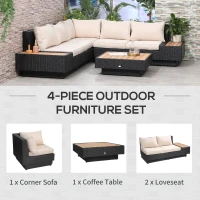 Outsunny 4 PCs Rattan Garden Furniture Outdoor Sectional Corner Sofa and Coffee Table Set  Conservatory Wicker Weave Furniture with Armrest and Cushions - Black(m-5)