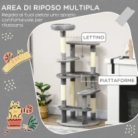 PawHut Albero Tiragraffi per Gatti con Pali in Sisal, Lettino con Cuscino e Pallina, Ø60x136cm, Grigio(m-4)