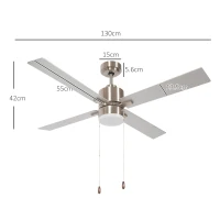 HOMCOM Ceiling Fan with LED Light, Flush Mount Ceiling Fan Lights with Reversible Blades, Pull-chain, Silver and Natural Tone(m-3)