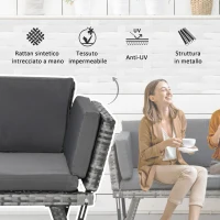 Outsunny Divano da Giardino 2 Posti in Rattan con Imbottitura e Braccioli Ribaltabili, 129x63x67cm, Grigio(m-5)