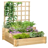 Outsunny Carré potager jardinière à 3 étages avec treillis lit surélevé en bois pour plantes grimpantes légumes fleurs naturel(m-1)