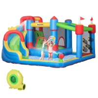 Outsunny 6 in 1 Kids Bouncy Castle, with Water Slide, Water Gun, Climbing Wall, Air Blower for Indoors/Outdoors, 3.9 x 3 x 2m(m-1)