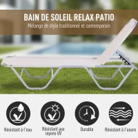 Outsunny Bain de Soleil transat Chaise Longue Design Contemporain Dossier inclinable Multi-Positions aluminium textilène dim. 163L x 58,5I x 91H cm Crème(m-4)
