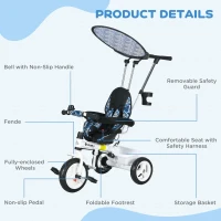 HOMCOM 6 in 1 Tricycle for Kids with 5-point harness straps, Removable Canopy, Blue(m-7)