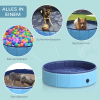 PawHut Hundebadewanne faltbar Badewanne Hundepool Plantschbecken Swimmingpool Wasserbecken für Hunde und Katzen Schwimmbecken Kunststoff+Holz Blau Ø80 x H20 cm(m-4)