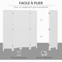 HOMCOM Paravent en bois séparateur de pièce closion intérieur pliable 4 panneaux en bois 160 x 170 cm blanc(m-4)