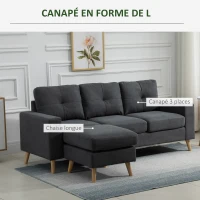 HOMCOM Canapé droit 3 places et pouf modulable avec accoudoirs design scandinave 193 x 136 x 85 cm gris anthracite(m-6)
