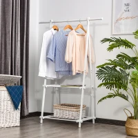 HOMCOM Minimalist Foldable Adjustable Clothes Rack Hanger w/ 2 shelves 107.5L x 45W x 150H cm Hallway Entryway Furniture - White(m-2)