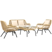 Outsunny Set da Giardino 4 Pezzi in Rattan PE e Metallo con Divanetto, 2 Sedie e Tavolino da Caffè, Beige