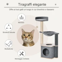 PawHut Albero Tiragraffi per Gatti Alto 95cm, Palestra per Gatti di Multilivelli con Casetta, Amaca, Pallina da Gioco, Cuccia e Corde in Sisal, 48x34x95cm, Grigio(m-4)