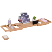 HOMCOM Pont tablette plateau de baignoire avec support de maintien rétractable 74-108L x 23l cm bambou(m-1)