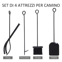Outsunny Portalegna da Interno ed Esterno in Metallo con Paletta, Scopa, Attizzatoio e Pinza, Nero, 84x33x76cm(m-6)