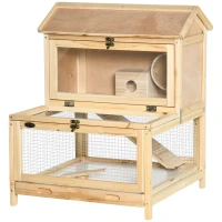 PawHut Wooden Hamster Cage with Pull-Out Tray, Two Tier Small Animal Hutch with Openable Top, Ladder, Seesaw, Running Wheel,  - Natural(m-11)