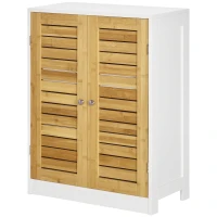kleankin kleinkin Badezimmerschrank Badkommode, einstellbare Einlegeböden, Doppeltür aus Bambus, weiß+holzfarben, 60 x 30 x 80cm(m-10)