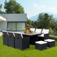 Outsunny Ensemble salon de jardin encastrable 10 places 6 fauteuils monoblocs 4 tabourets coussins déhoussables crème table plateau verre trempé résine tressée 4 fils noire(m-2)