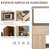 HOMCOM Carro de Cocina para Microondas Aparador de Almacenaje con 4 Ruedas y Frenos Cajón Estantes Abiertos Compartimento con Puerta 60x40x108 cm Roble(m-4)