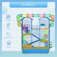 PawHut Gabbia per Criceti e Roditori a 5 Piani, Gabbietta per Criceti con Tubi Colorati, Ruota, Casetta e Accessori Inclusi, 47x30x59 cm, Blu(m-4)
